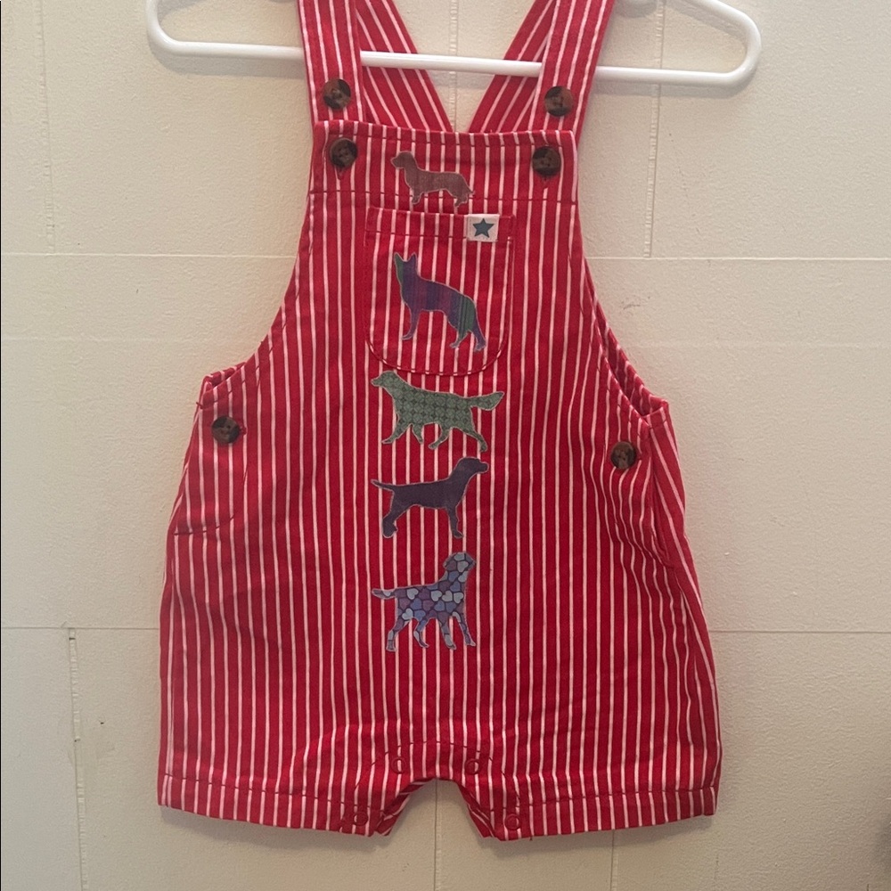 Charming Red Striped Kids Overalls with Dog Designs